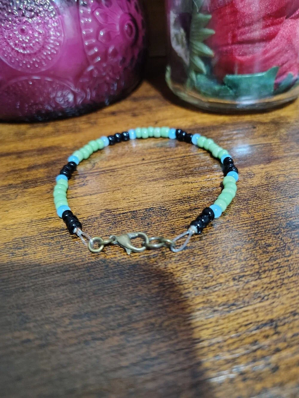 Handmade Men's Beaded Bracelet - Black, Light Green & Light Blue